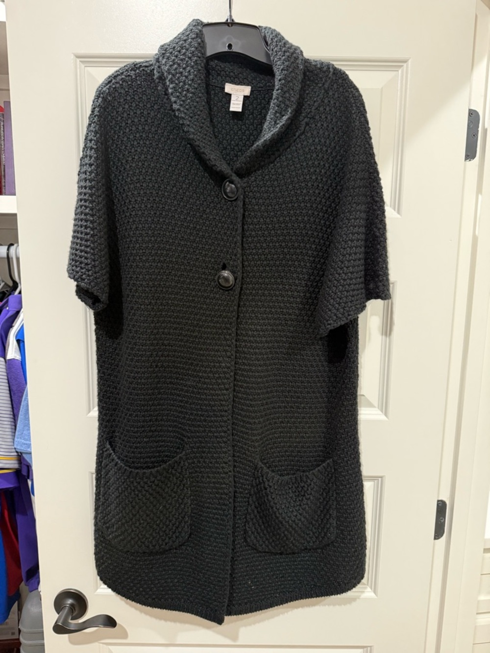 Chico’s Black Knit Short-Sleeve Cardigan Sweater with Shawl Collar